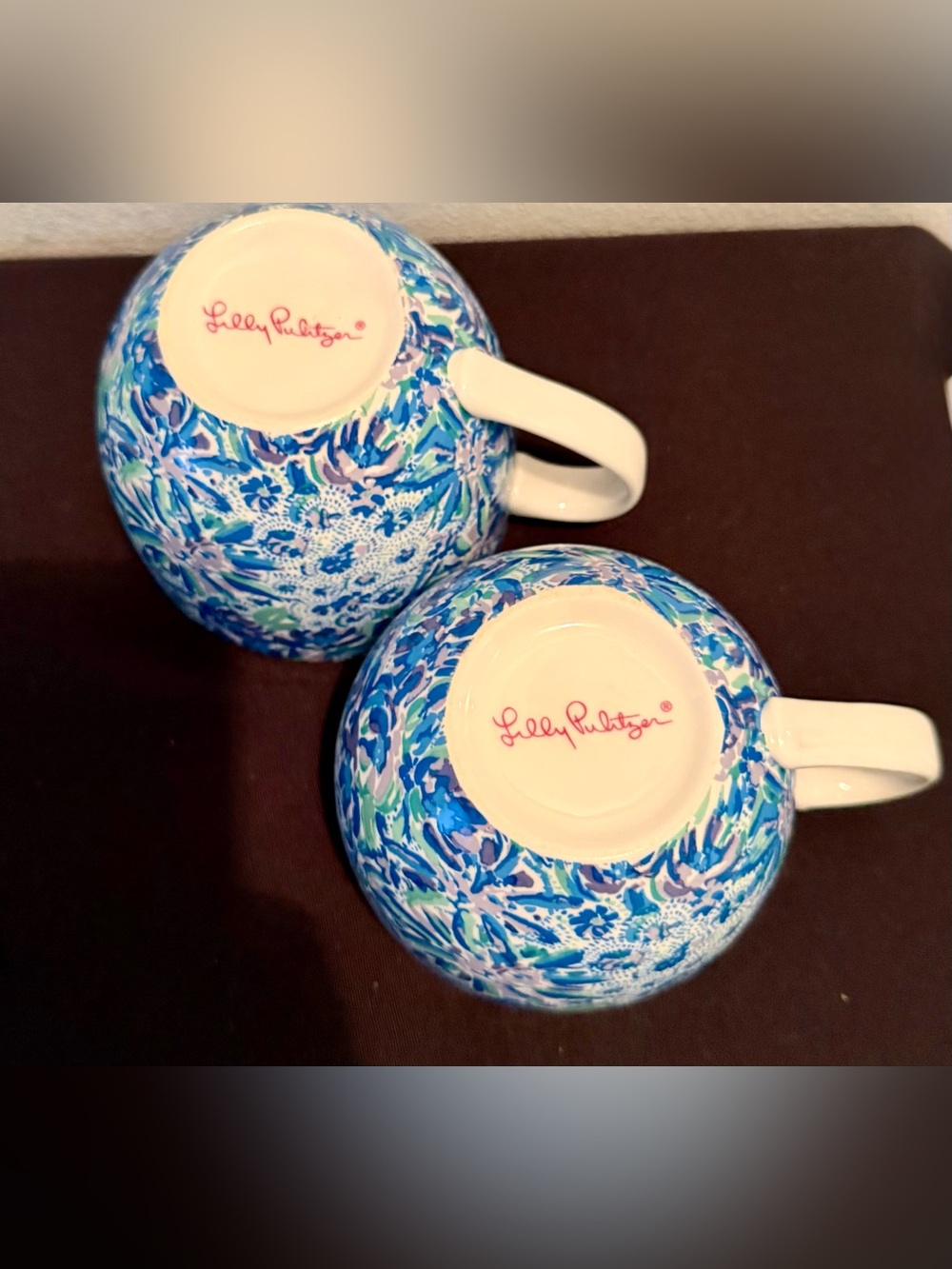 2 Lilly Pulitzer ceramic coffee mugs. Blue floral "High Maintenance" pattern - Picture 9 of 15